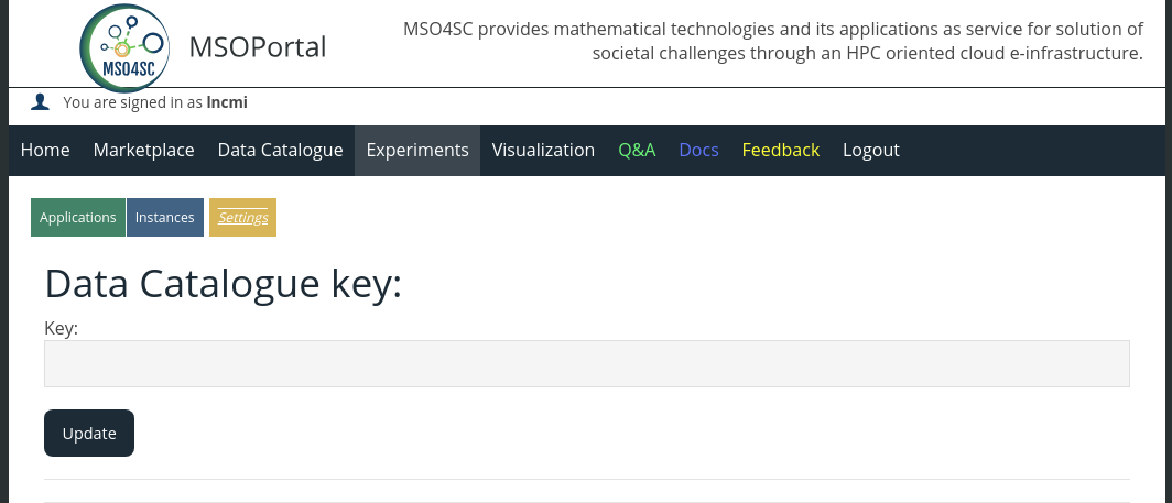 Adding *Data Catalogue key* in *Settings*